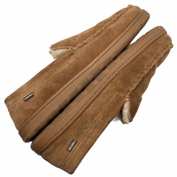 LAMO Chestnut Brown Suede Moccasin Slippers  NO LACINGS Faux Fur Lined US 10 - Picture 6 of 13
